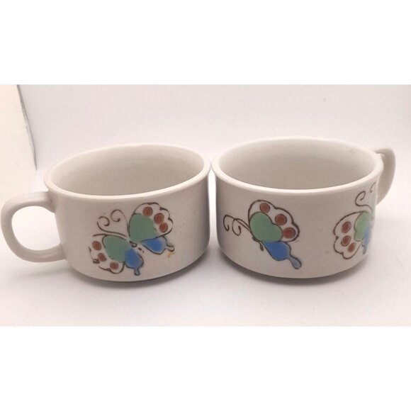 Vintage Butterfly Soup Bowls Cocoa Mugs Large Stoneware 16 oz MCM Boho - Picture 3 of 9